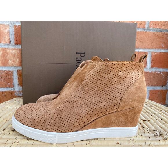 Linea Paolo Felicia Tan Suede Wedge Sneaker Boots Elastic Zipper Womens 7.5 M - Picture 2 of 9
